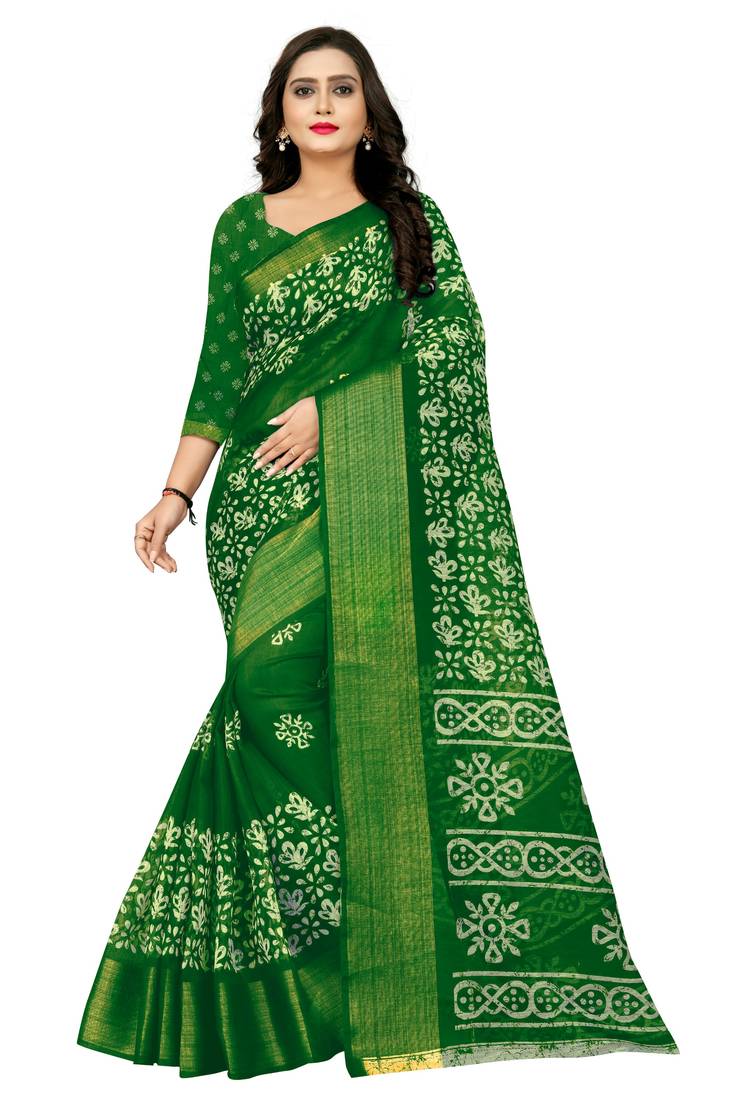 Green woven cotton silk saree with blouse