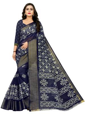 Blue woven cotton silk saree with blouse 5