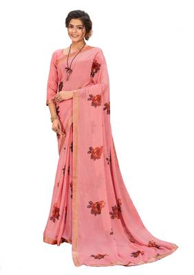Peach printed georgette saree with blouse 2