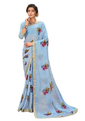 Sky blue printed georgette saree with blouse 2