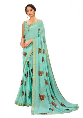 Blue printed georgette saree with blouse 2
