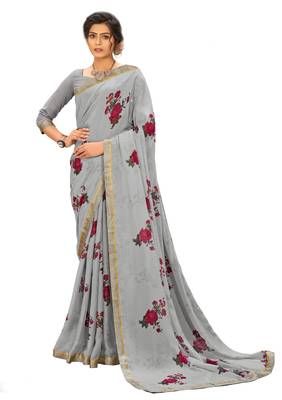 Grey printed georgette saree with blouse 2