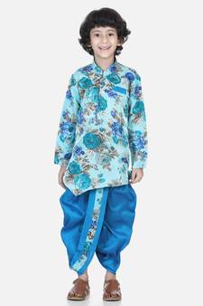 blue Printed Sherwani Dhoti Set for Boys