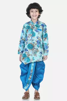 blue Printed Sherwani Dhoti Set for Boys