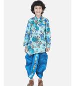 blue Printed Sherwani Dhoti Set for Boys