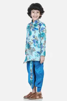 blue Printed Sherwani Dhoti Set for Boys