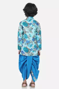 blue Printed Sherwani Dhoti Set for Boys