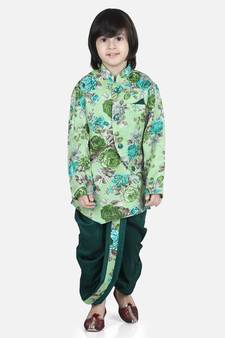 Green Printed Sherwani Dhoti Set for Boys