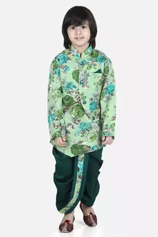 Green Printed Sherwani Dhoti Set for Boys