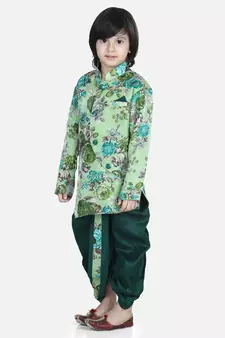 Green Printed Sherwani Dhoti Set for Boys