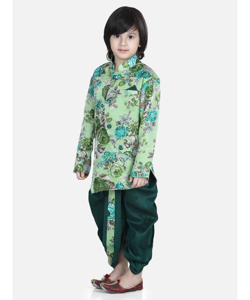 Green Printed Sherwani Dhoti Set for Boys