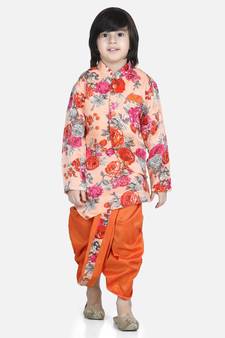 Orange Printed Sherwani Dhoti Set for Boys