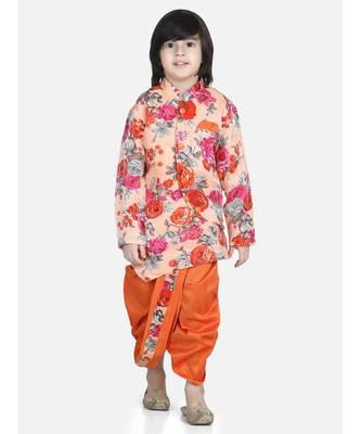 Orange Printed Sherwani Dhoti Set for Boys 1