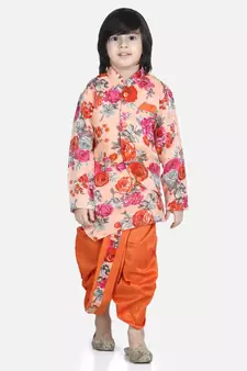 Orange Printed Sherwani Dhoti Set for Boys