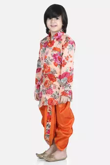 Orange Printed Sherwani Dhoti Set for Boys
