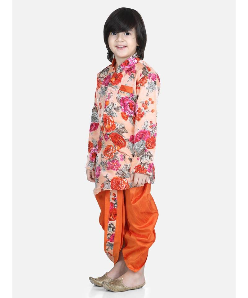 Orange Printed Sherwani Dhoti Set for Boys