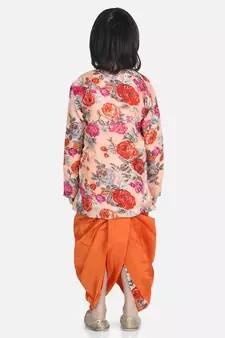 Orange Printed Sherwani Dhoti Set for Boys