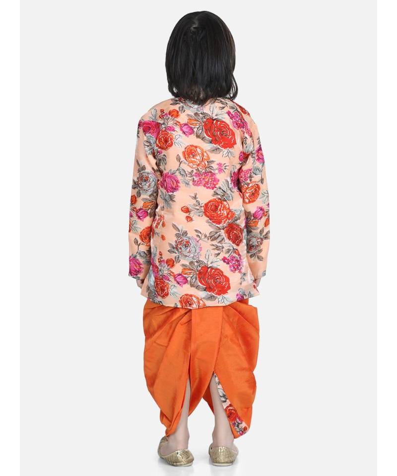 Orange Printed Sherwani Dhoti Set for Boys
