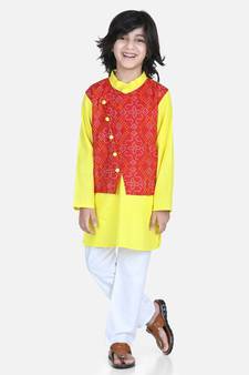 Red Attached Jacket Kurta Pajama for Boys