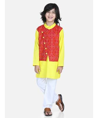 Red Attached Jacket Kurta Pajama for Boys 1
