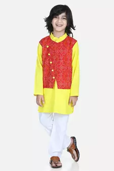 Red Attached Jacket Kurta Pajama for Boys