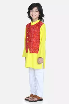 Red Attached Jacket Kurta Pajama for Boys