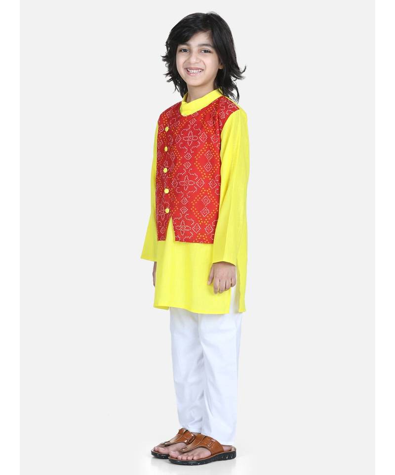 Red Attached Jacket Kurta Pajama for Boys