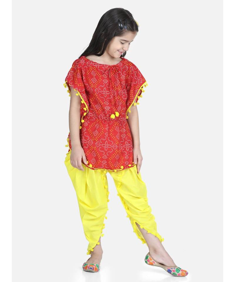 Red Cotton Kaftan Dhoti Set for Girls