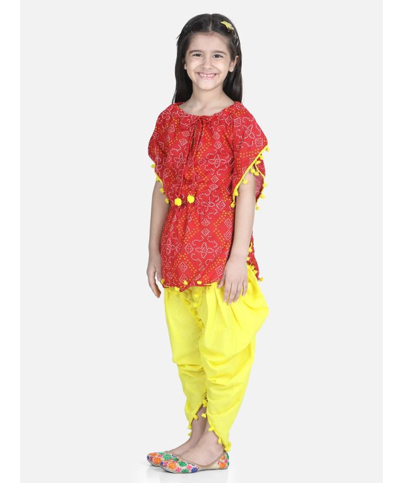 Red Cotton Kaftan Dhoti Set for Girls