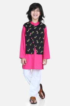 Black Attached Jacket Kurta Pajama for Boys