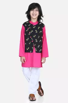 Black Attached Jacket Kurta Pajama for Boys