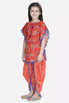Orange Cotton Kaftan Dhoti Set for Girls