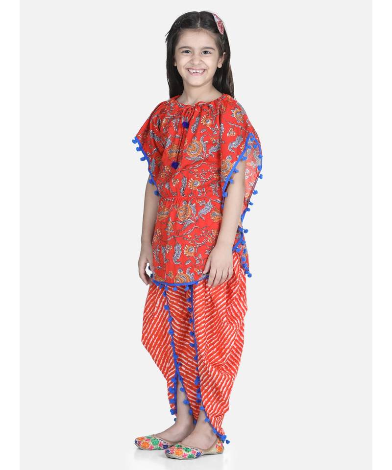 Orange Cotton Kaftan Dhoti Set for Girls