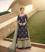 Blue Dolla Jequard Shtraight Style semi stitched Plazzo Suit 