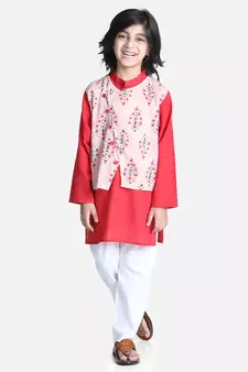 Peach Attached Jacket Kurta Pajama for Boys