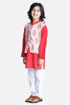 Peach Attached Jacket Kurta Pajama for Boys