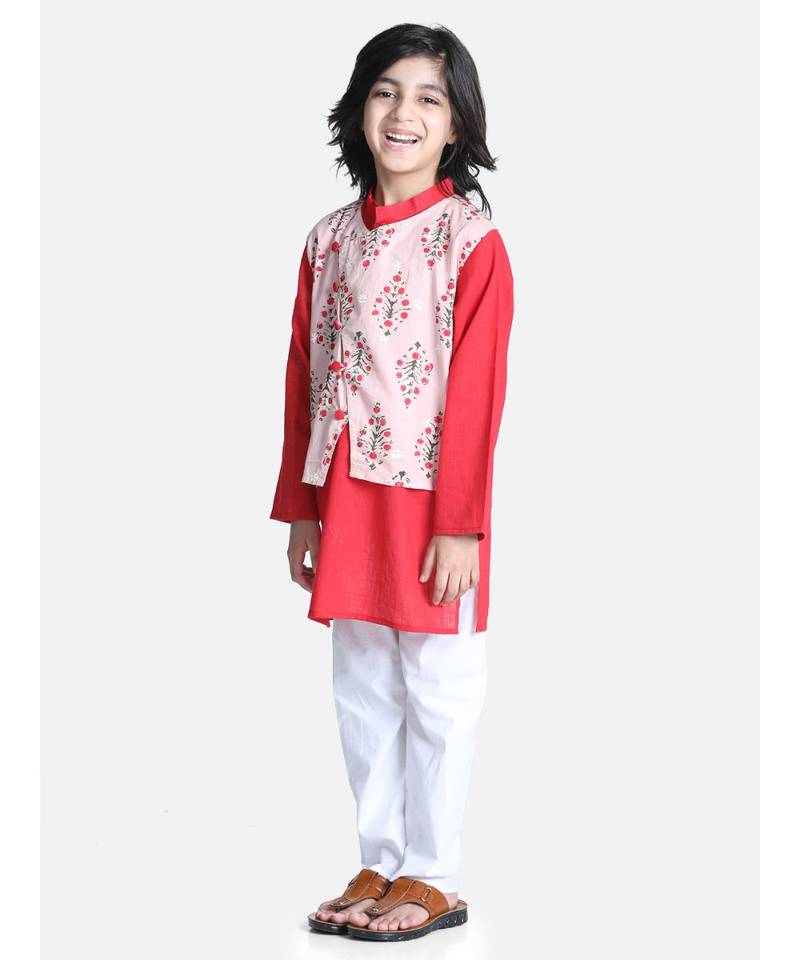 Peach Attached Jacket Kurta Pajama for Boys