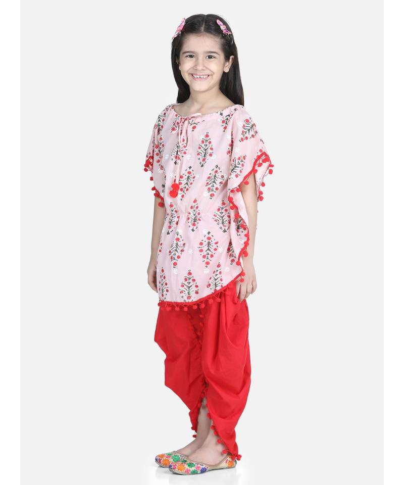Peach Cotton Kaftan Dhoti Set for Girls