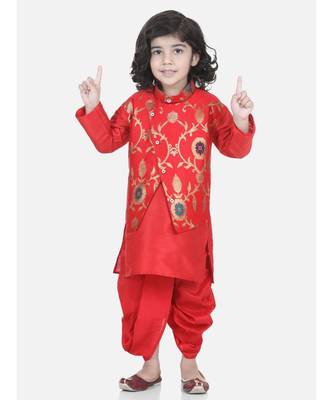Red Attached Jacket Jacquard Dhoti Kurta 1