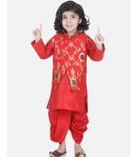 Red Attached Jacket Jacquard Dhoti Kurta