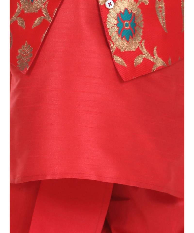 Red Attached Jacket Jacquard Dhoti Kurta