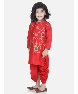 Red Attached Jacket Jacquard Dhoti Kurta 3