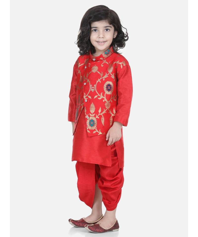 Red Attached Jacket Jacquard Dhoti Kurta