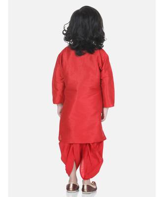 Red Attached Jacket Jacquard Dhoti Kurta 4