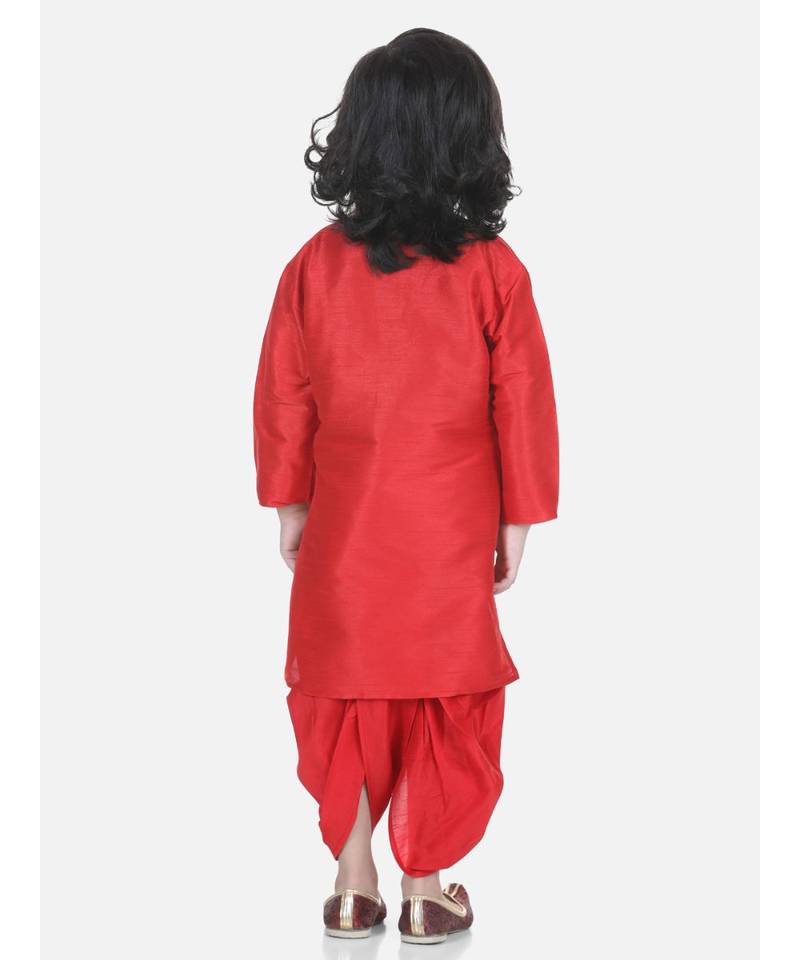 Red Attached Jacket Jacquard Dhoti Kurta
