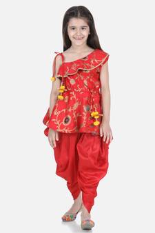 Red One Shoulder Ruffle Peplum Dhoti Set