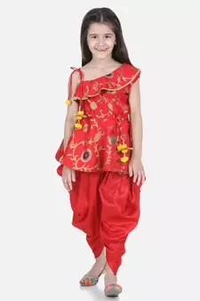 Red One Shoulder Ruffle Peplum Dhoti Set