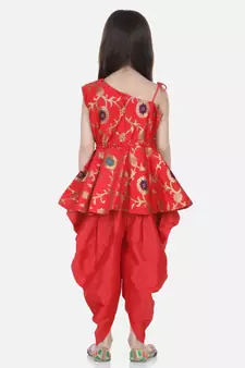 Red One Shoulder Ruffle Peplum Dhoti Set