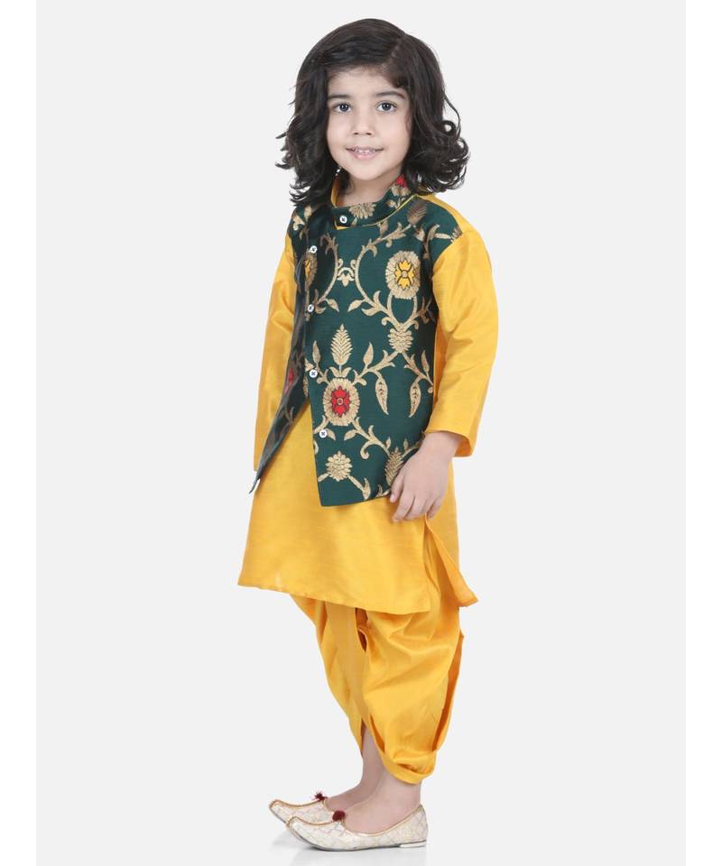 green Attached Jacket Jacquard Dhoti Kurta