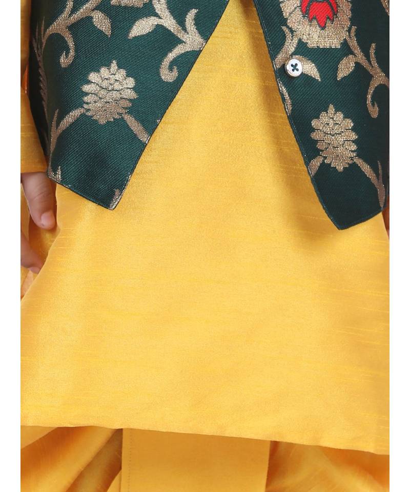 green Attached Jacket Jacquard Dhoti Kurta